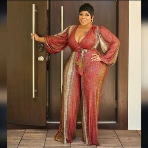 Red/Gold/Cream Jumpsuit W/Matching Tie Belt Size 2X